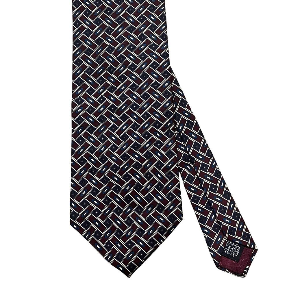 Christian Dior Monsieur Silk Tie‎ Burgundy Blue Geometric Woven Pattern Italy